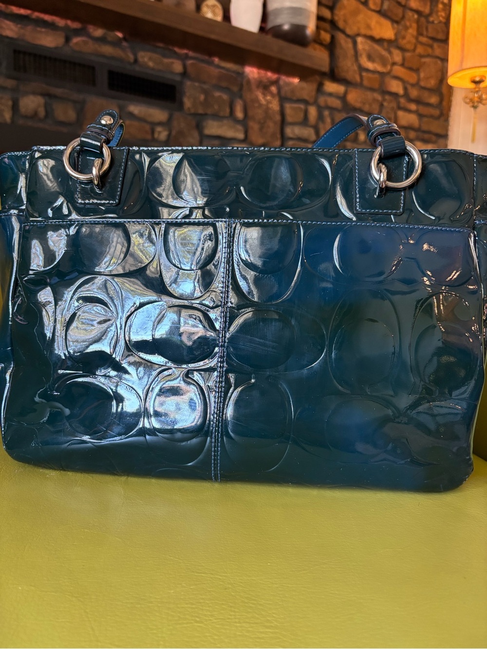 Coach Gallery Signature Embossed Patent Leather East West Tote Teal F07729 - Picture 11 of 11